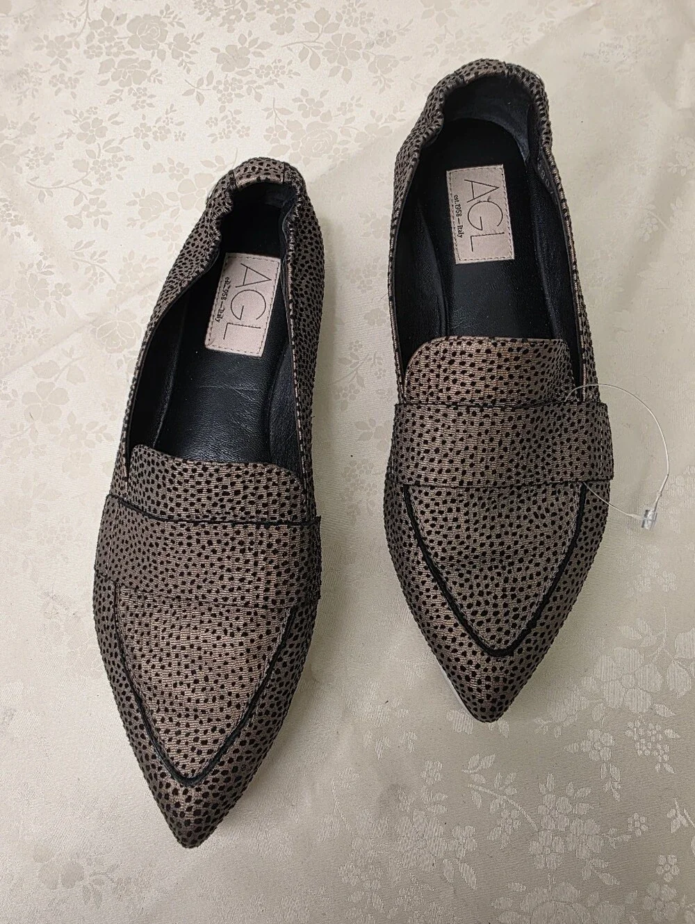 AGL Metallic Micro Leopard Print Pointed Toe Platform Loafers Italian Leather 36